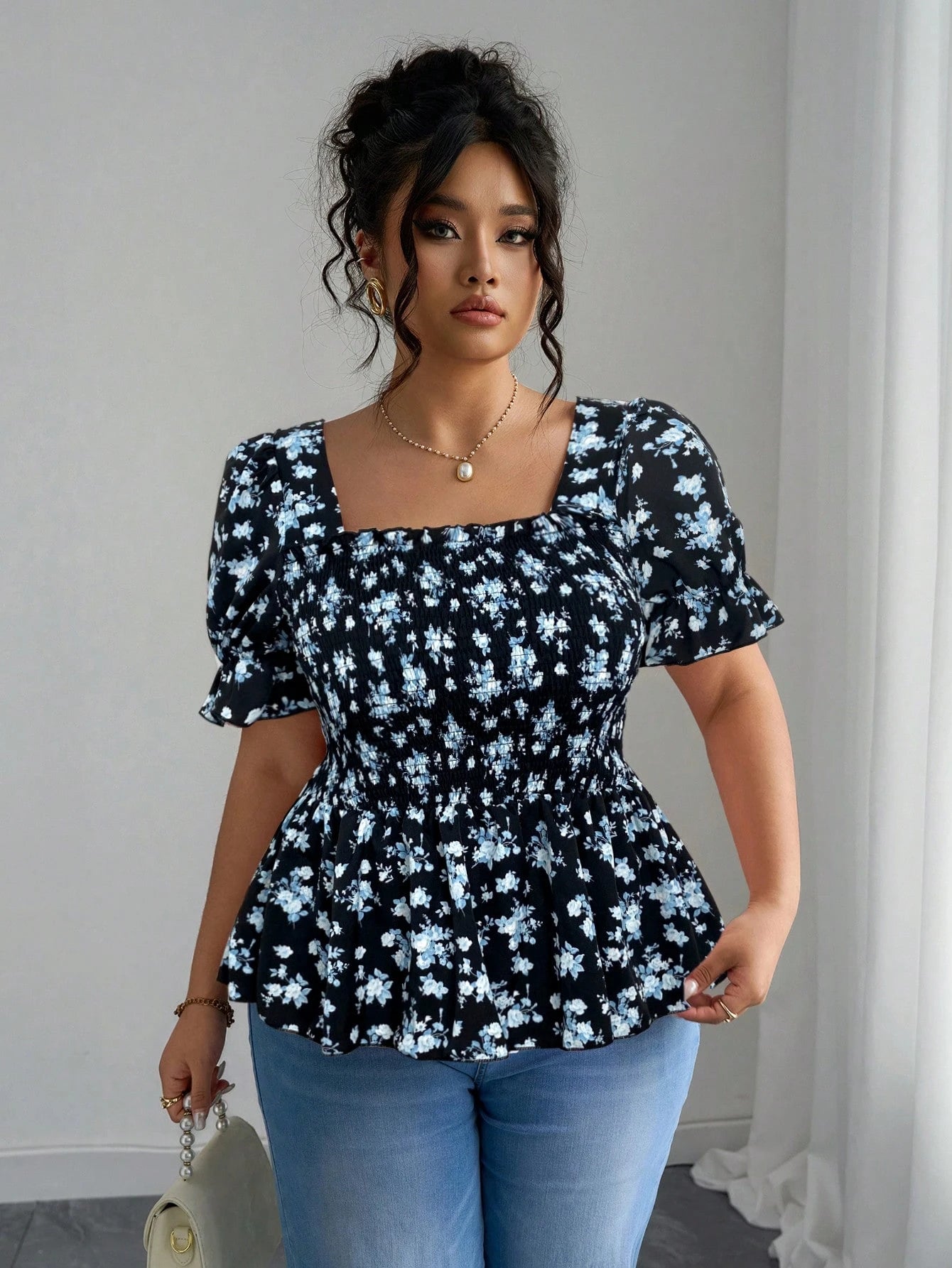 Elenzga Vacation-Inspired Slim-Fit Shirt Design Ditsy Floral Top Floral Top Square Neck Top Puff Sleeve Top Babydoll Top