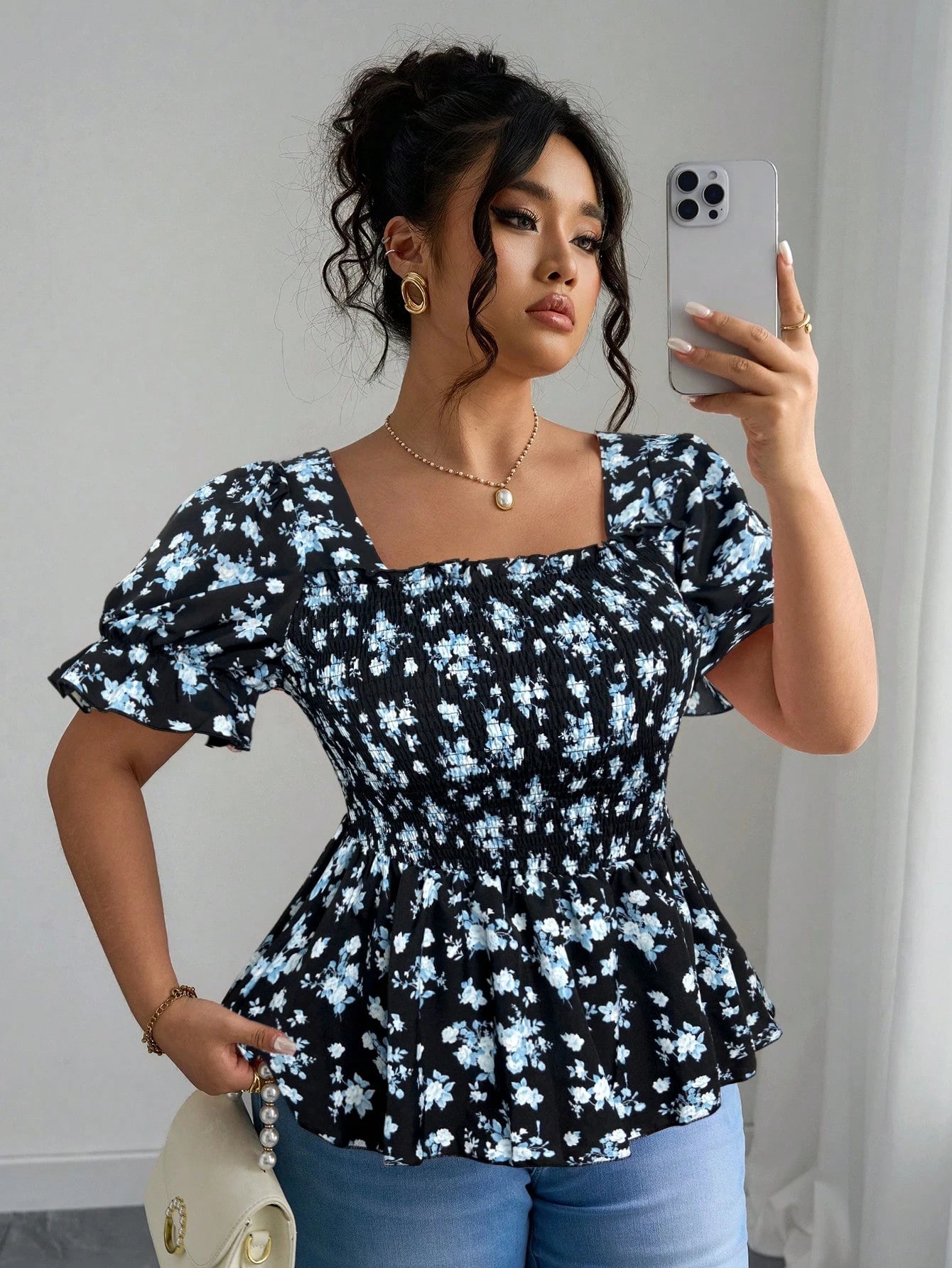 Elenzga Vacation-Inspired Slim-Fit Shirt Design Ditsy Floral Top Floral Top Square Neck Top Puff Sleeve Top Babydoll Top