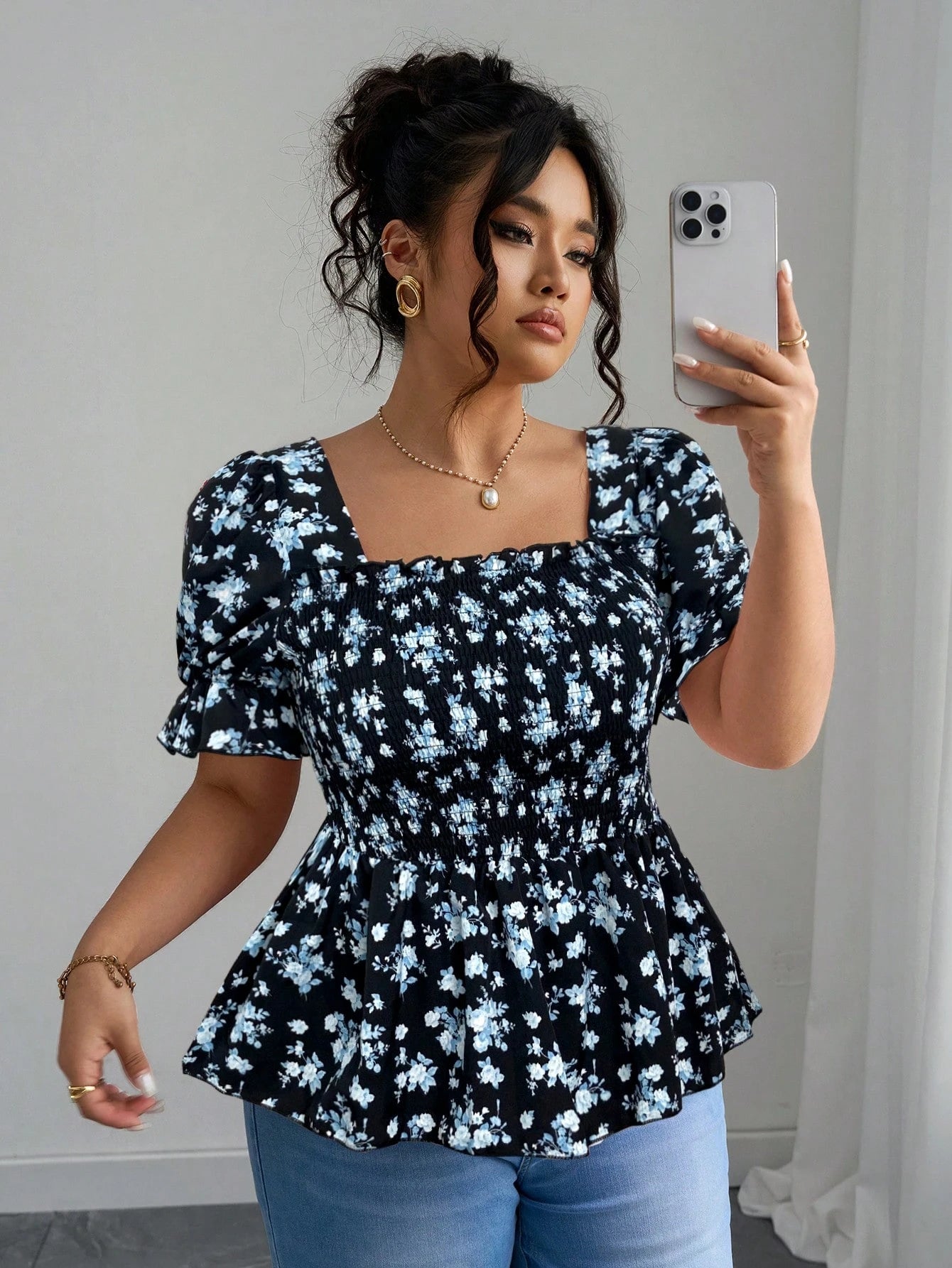 Elenzga Vacation-Inspired Slim-Fit Shirt Design Ditsy Floral Top Floral Top Square Neck Top Puff Sleeve Top Babydoll Top