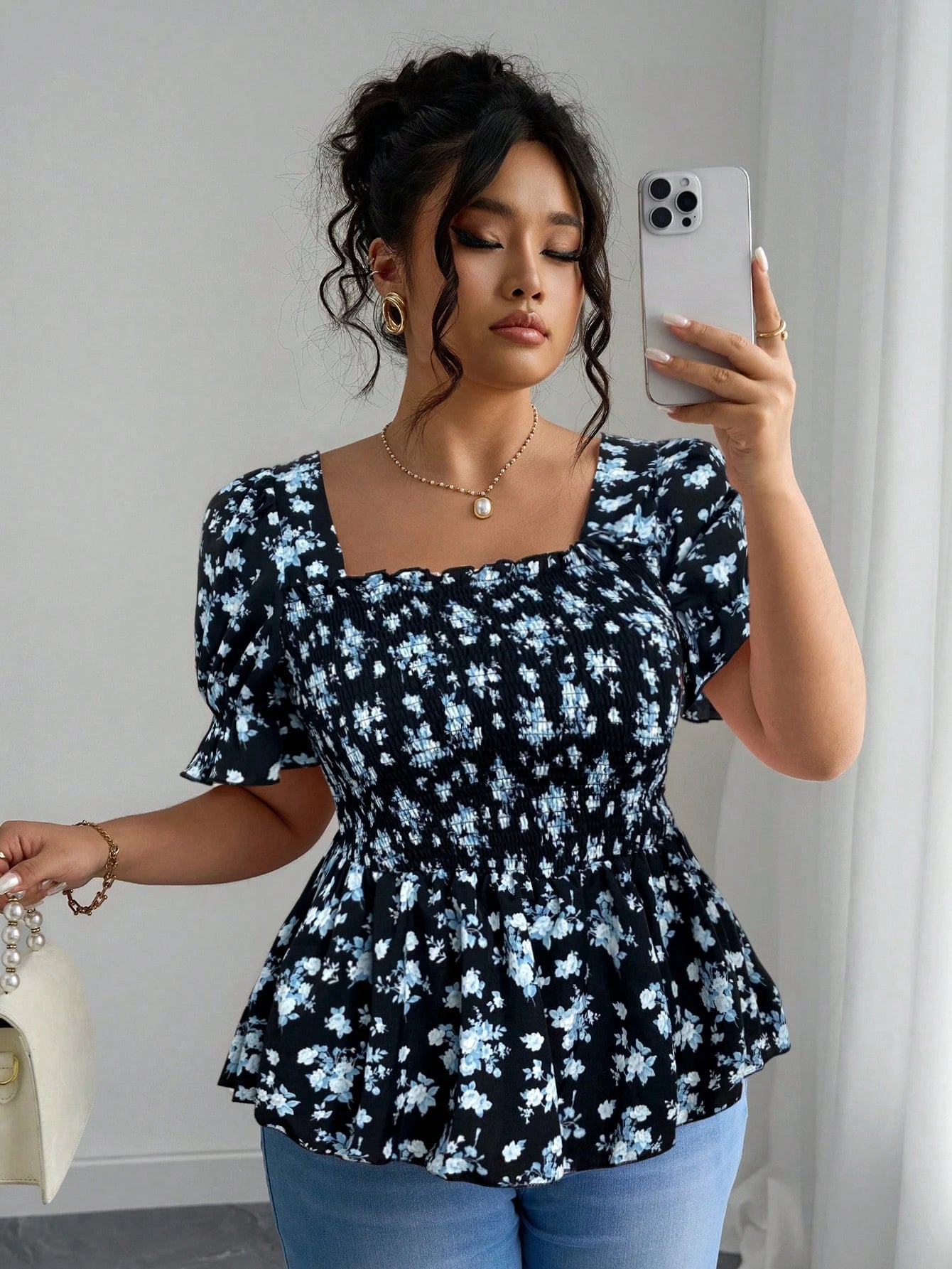 Elenzga Vacation-Inspired Slim-Fit Shirt Design Ditsy Floral Top Floral Top Square Neck Top Puff Sleeve Top Babydoll Top