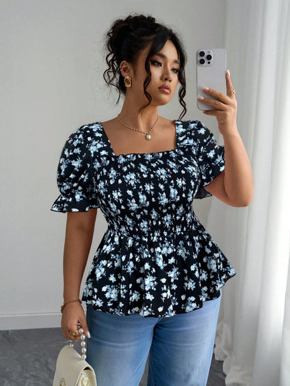 Elenzga Vacation-Inspired Slim-Fit Shirt Design Ditsy Floral Top Floral Top Square Neck Top Puff Sleeve Top Babydoll Top