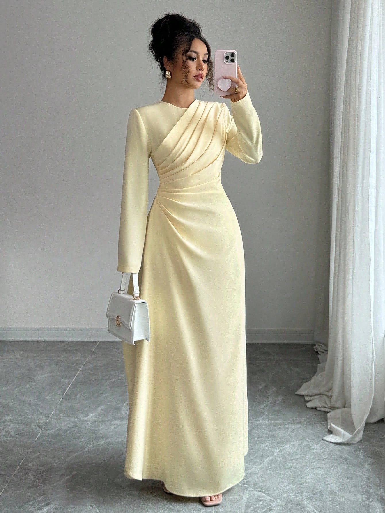 Elenzga Women Elegant Summer Pale Yellow Maxi Dress,Formal Office Commute Dining Vacation Vintage Middle Eastern Style Round Neck Pleated A-Line Long Sleeve