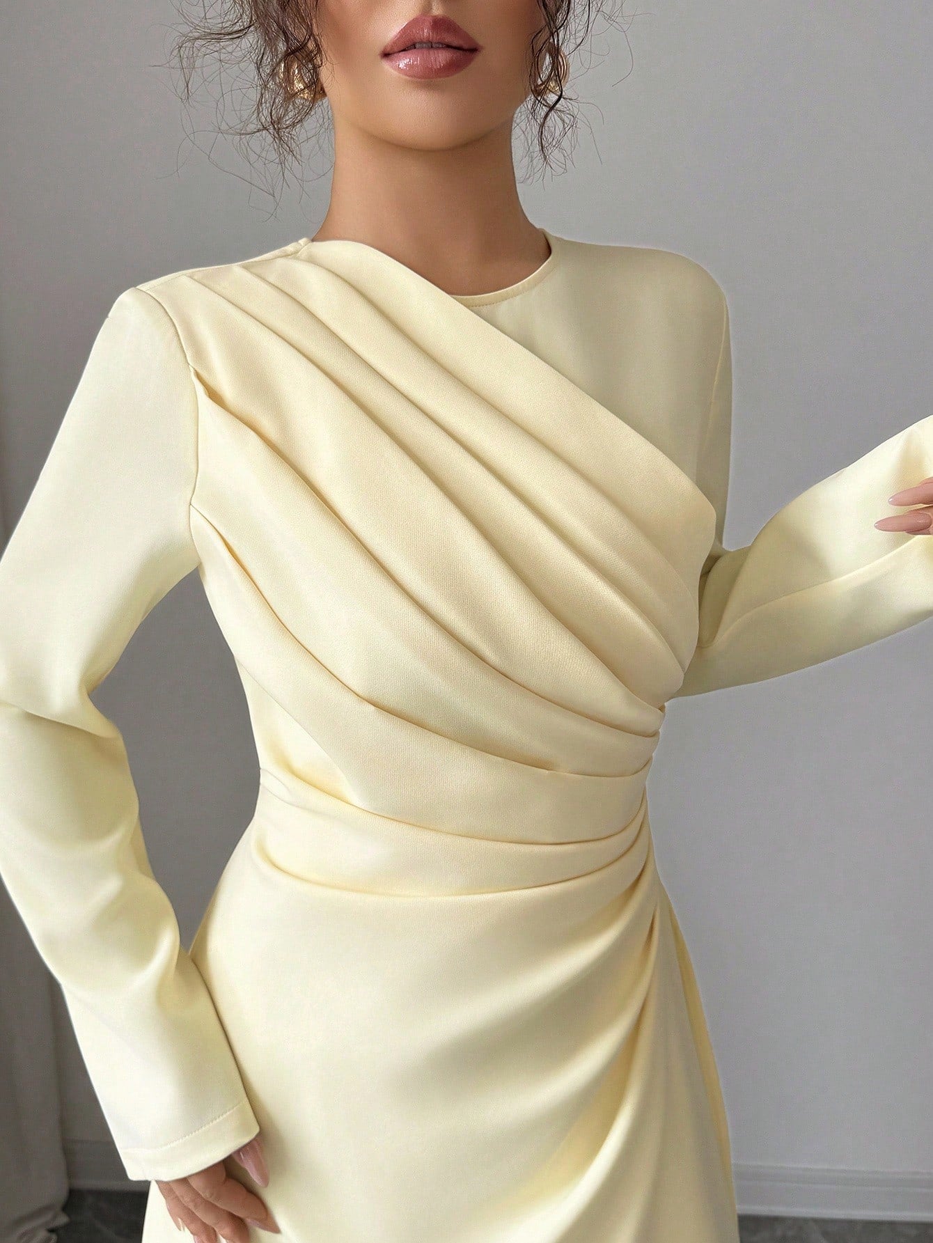 Elenzga Women Elegant Summer Pale Yellow Maxi Dress,Formal Office Commute Dining Vacation Vintage Middle Eastern Style Round Neck Pleated A-Line Long Sleeve