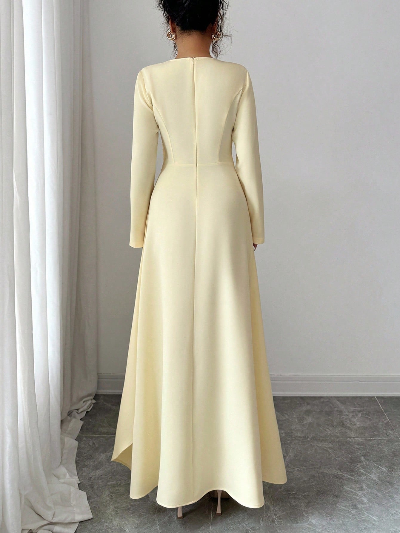 Elenzga Women Elegant Summer Pale Yellow Maxi Dress,Formal Office Commute Dining Vacation Vintage Middle Eastern Style Round Neck Pleated A-Line Long Sleeve