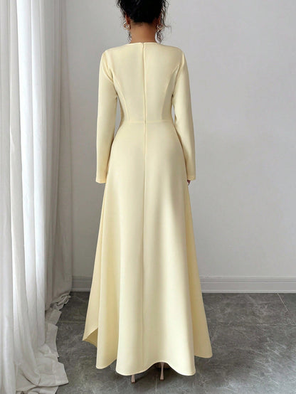 Elenzga Women Elegant Summer Pale Yellow Maxi Dress,Formal Office Commute Dining Vacation Vintage Middle Eastern Style Round Neck Pleated A-Line Long Sleeve