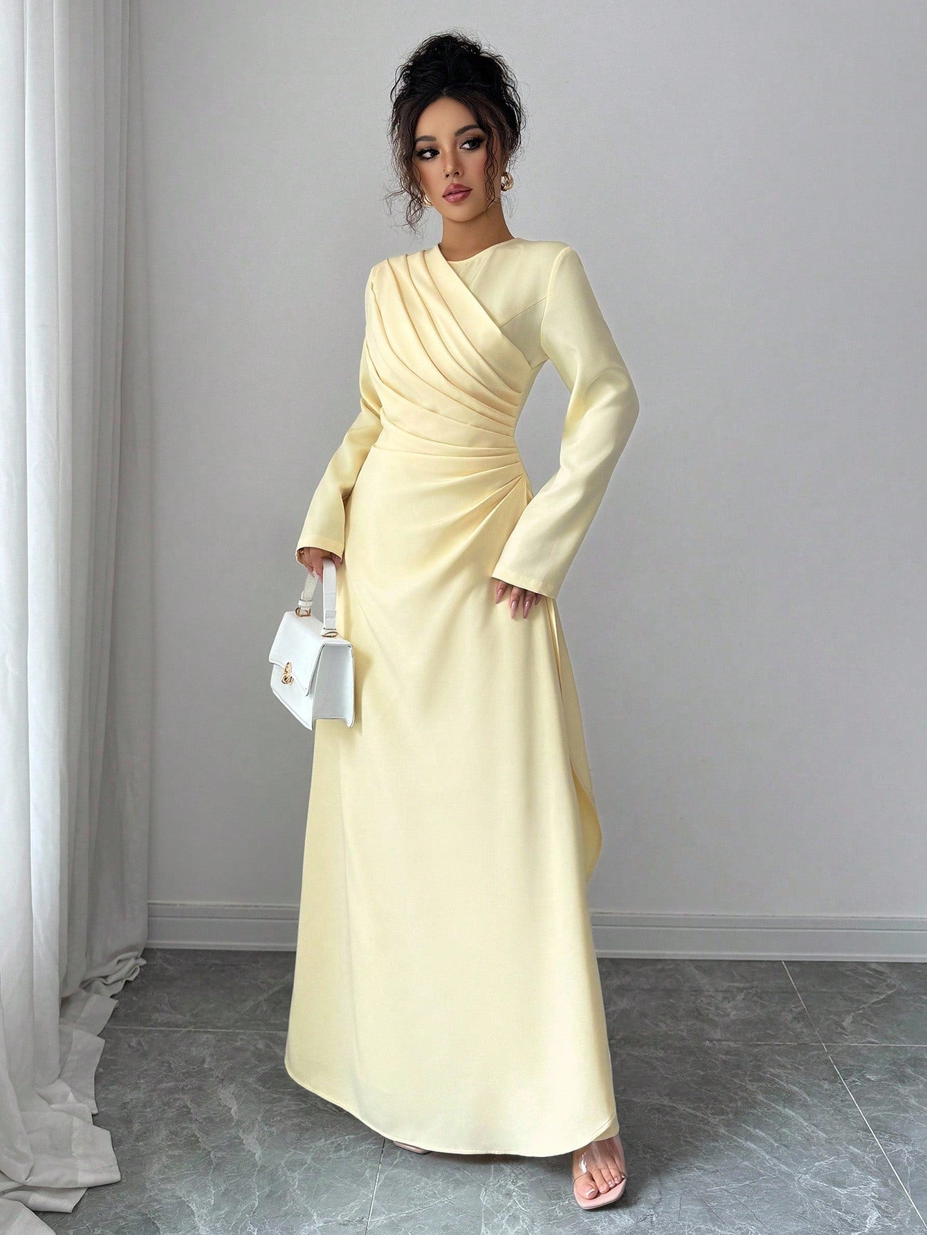 Elenzga Women Elegant Summer Pale Yellow Maxi Dress,Formal Office Commute Dining Vacation Vintage Middle Eastern Style Round Neck Pleated A-Line Long Sleeve