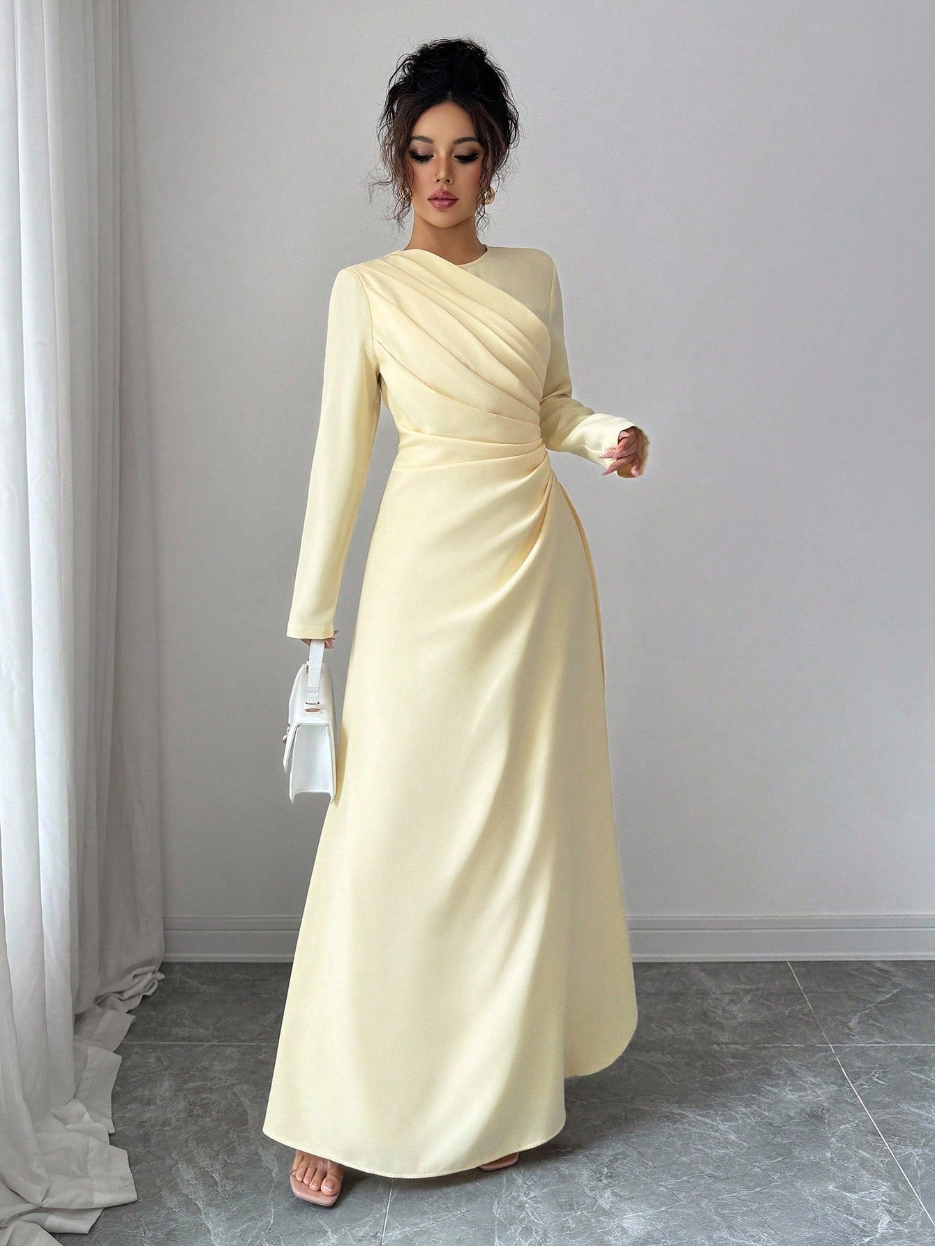 Elenzga Women Elegant Summer Pale Yellow Maxi Dress,Formal Office Commute Dining Vacation Vintage Middle Eastern Style Round Neck Pleated A-Line Long Sleeve