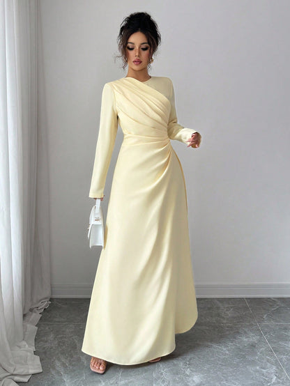 Elenzga Women Elegant Summer Pale Yellow Maxi Dress,Formal Office Commute Dining Vacation Vintage Middle Eastern Style Round Neck Pleated A-Line Long Sleeve