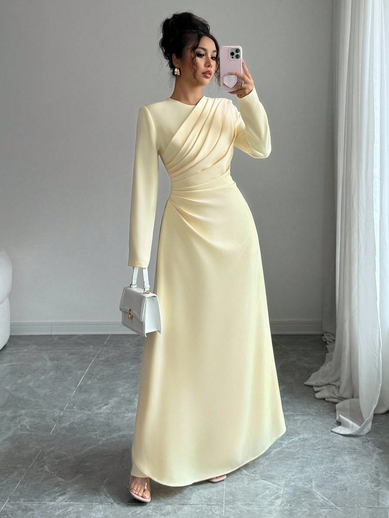 Elenzga Women Elegant Summer Pale Yellow Maxi Dress,Formal Office Commute Dining Vacation Vintage Middle Eastern Style Round Neck Pleated A-Line Long Sleeve