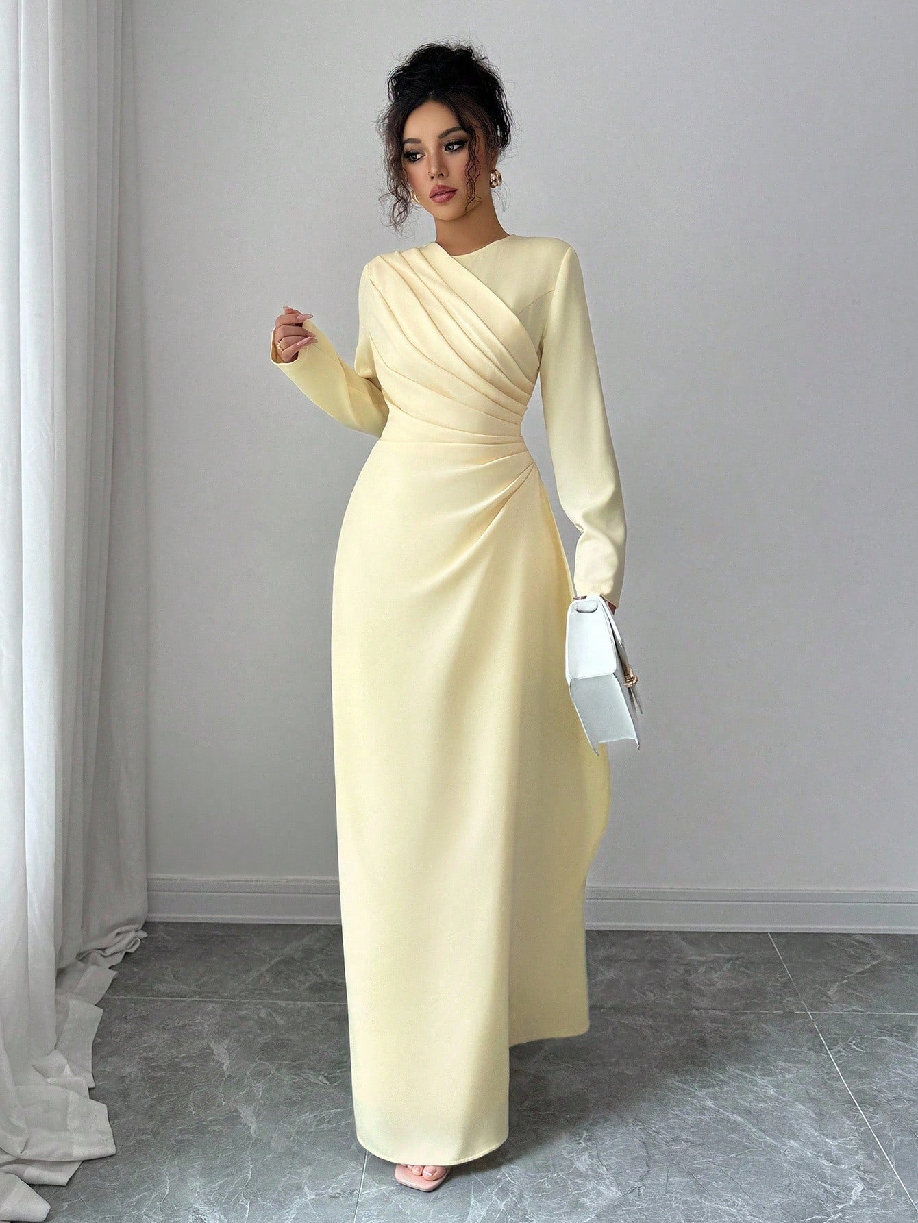 Elenzga Women Elegant Summer Pale Yellow Maxi Dress,Formal Office Commute Dining Vacation Vintage Middle Eastern Style Round Neck Pleated A-Line Long Sleeve