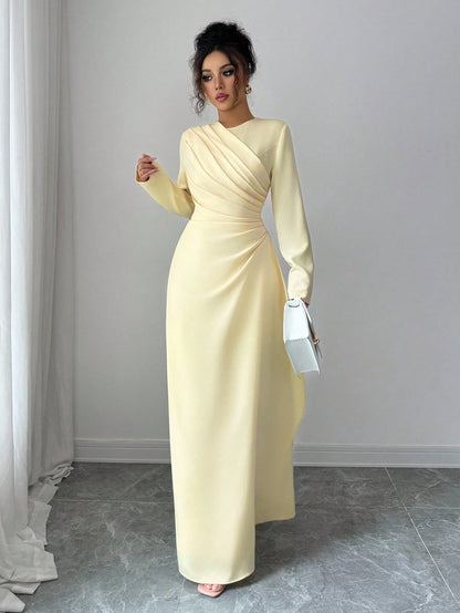 Elenzga Women Elegant Summer Pale Yellow Maxi Dress,Formal Office Commute Dining Vacation Vintage Middle Eastern Style Round Neck Pleated A-Line Long Sleeve