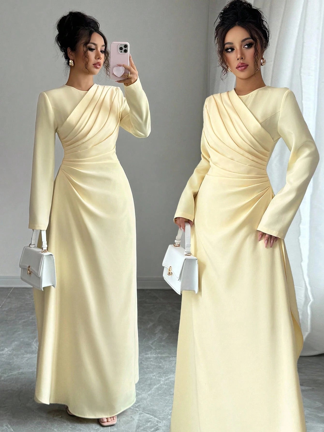Elenzga Women Elegant Summer Pale Yellow Maxi Dress,Formal Office Commute Dining Vacation Vintage Middle Eastern Style Round Neck Pleated A-Line Long Sleeve