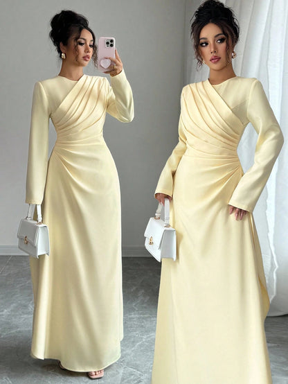 Elenzga Women Elegant Summer Pale Yellow Maxi Dress,Formal Office Commute Dining Vacation Vintage Middle Eastern Style Round Neck Pleated A-Line Long Sleeve