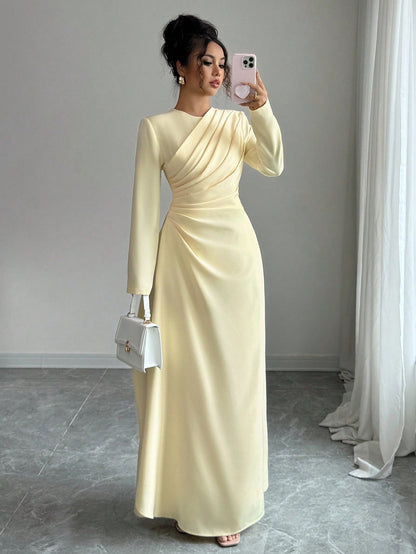 Elenzga Women Elegant Summer Pale Yellow Maxi Dress,Formal Office Commute Dining Vacation Vintage Middle Eastern Style Round Neck Pleated A-Line Long Sleeve