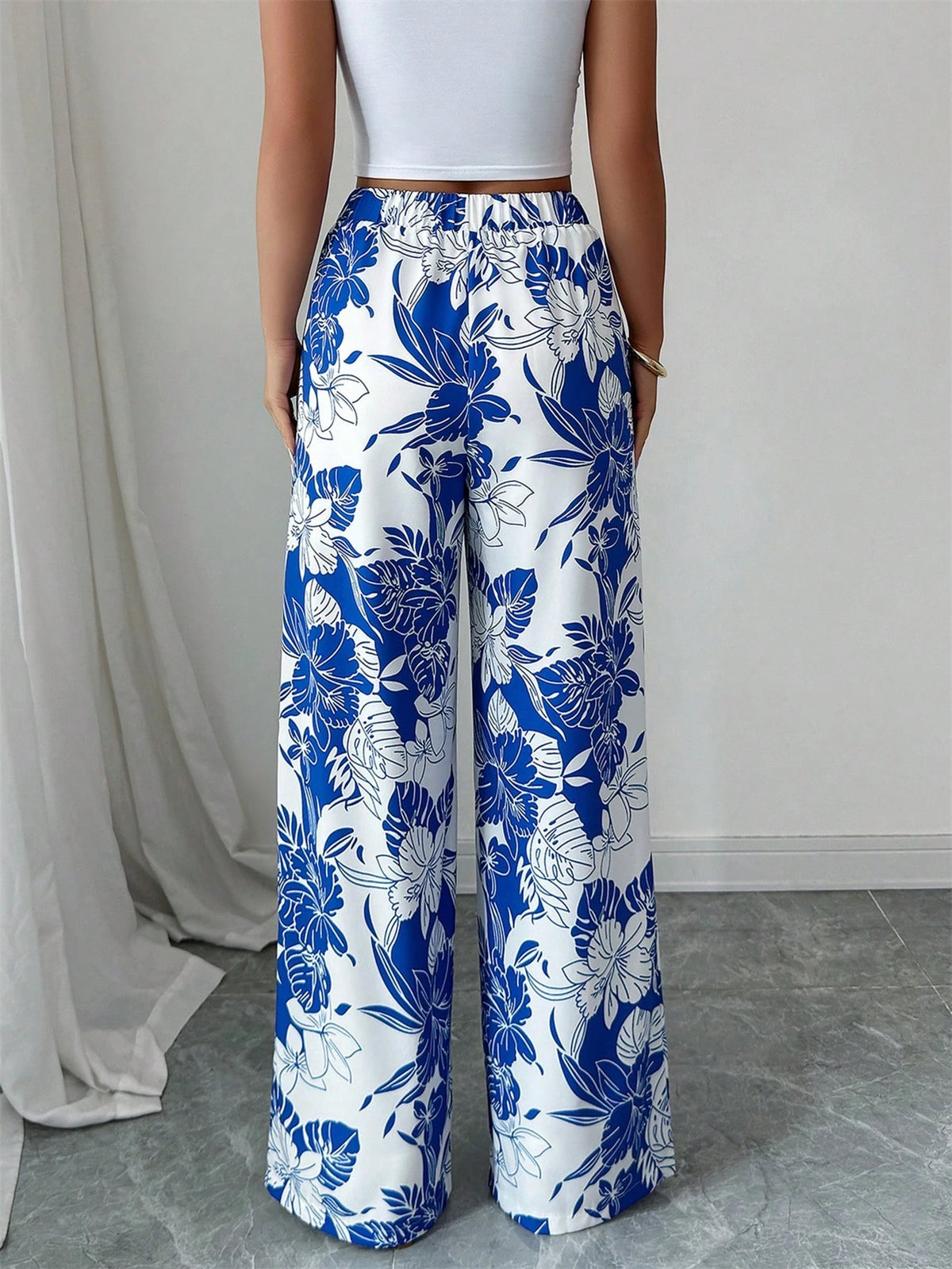 Elenzga Women's Casual Loose Elegant Multi-Element Print Elastic Waist Wide Leg Straight Pants, Summer Fall Cloth For Women