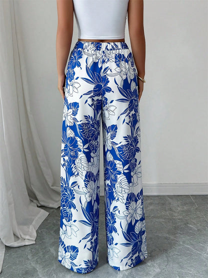 Elenzga Women's Casual Loose Elegant Multi-Element Print Elastic Waist Wide Leg Straight Pants, Summer Fall Cloth For Women
