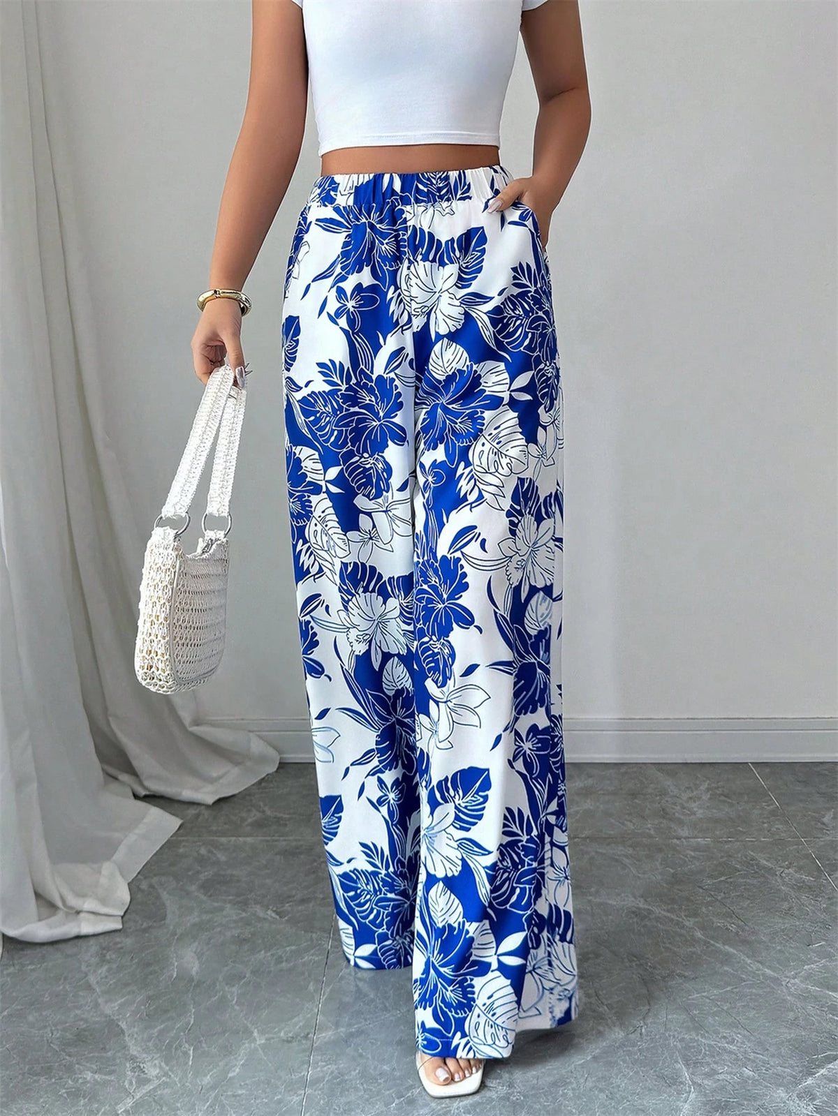 Elenzga Women's Casual Loose Elegant Multi-Element Print Elastic Waist Wide Leg Straight Pants, Summer Fall Cloth For Women