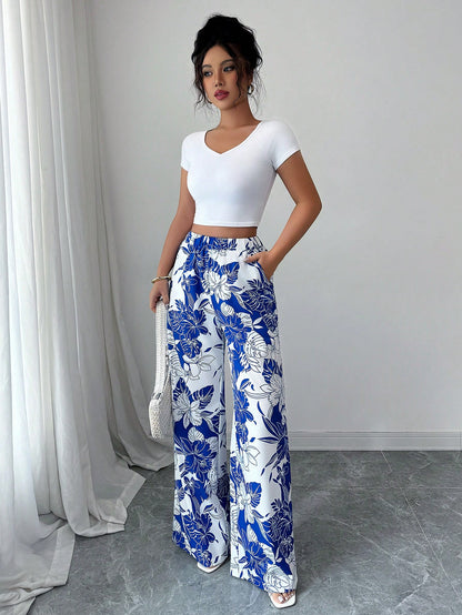 Elenzga Women's Casual Loose Elegant Multi-Element Print Elastic Waist Wide Leg Straight Pants, Summer Fall Cloth For Women