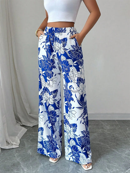 Elenzga Women's Casual Loose Elegant Multi-Element Print Elastic Waist Wide Leg Straight Pants, Summer Fall Cloth For Women