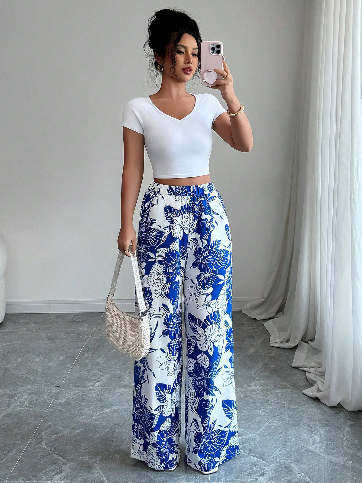Elenzga Women's Casual Loose Elegant Multi-Element Print Elastic Waist Wide Leg Straight Pants, Summer Fall Cloth For Women