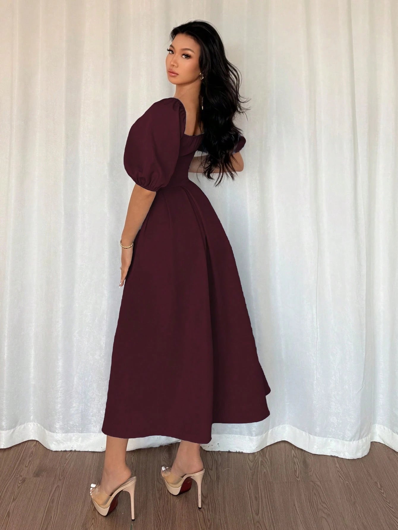 Elenzga Women's Elegant Burgundy Chic Minimalist Ruffle Hem Puff Sleeve A-Line Dress,Autumn Dining Commute Office Business Casual Holiday Party,Spring/Summer