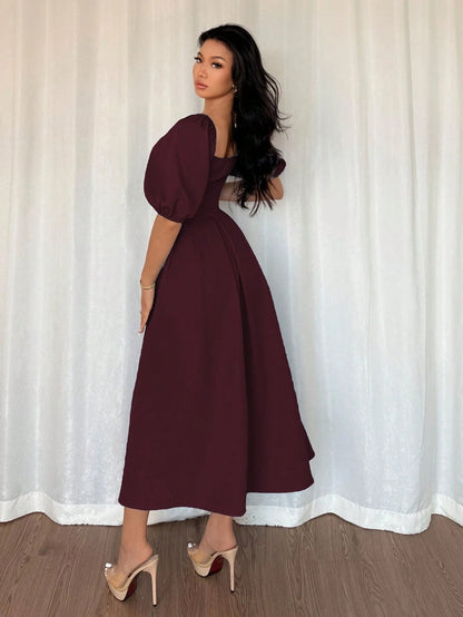 Elenzga Women's Elegant Burgundy Chic Minimalist Ruffle Hem Puff Sleeve A-Line Dress,Autumn Dining Commute Office Business Casual Holiday Party,Spring/Summer