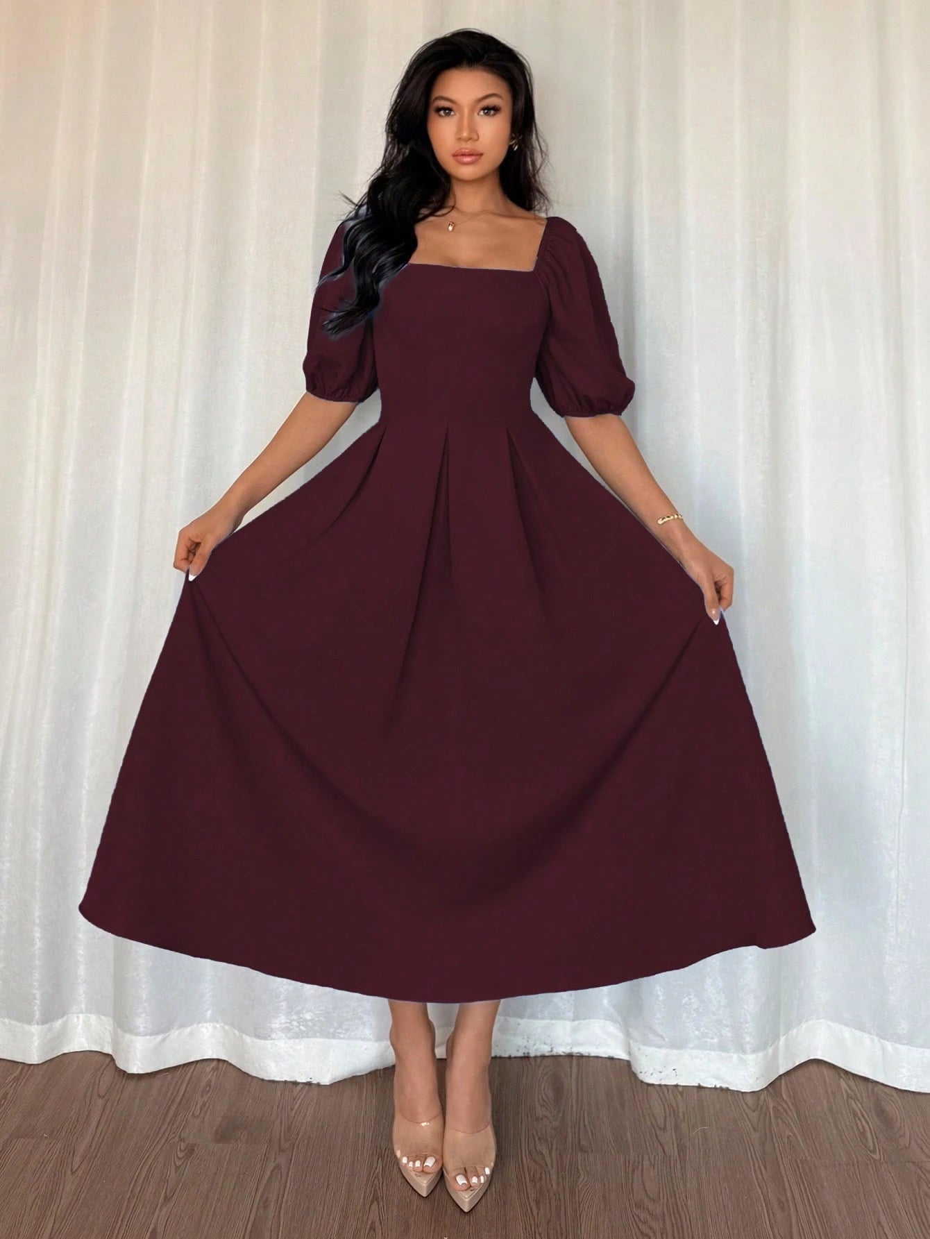 Elenzga Women's Elegant Burgundy Chic Minimalist Ruffle Hem Puff Sleeve A-Line Dress,Autumn Dining Commute Office Business Casual Holiday Party,Spring/Summer