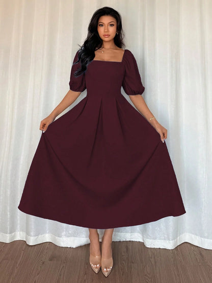 Elenzga Women's Elegant Burgundy Chic Minimalist Ruffle Hem Puff Sleeve A-Line Dress,Autumn Dining Commute Office Business Casual Holiday Party,Spring/Summer