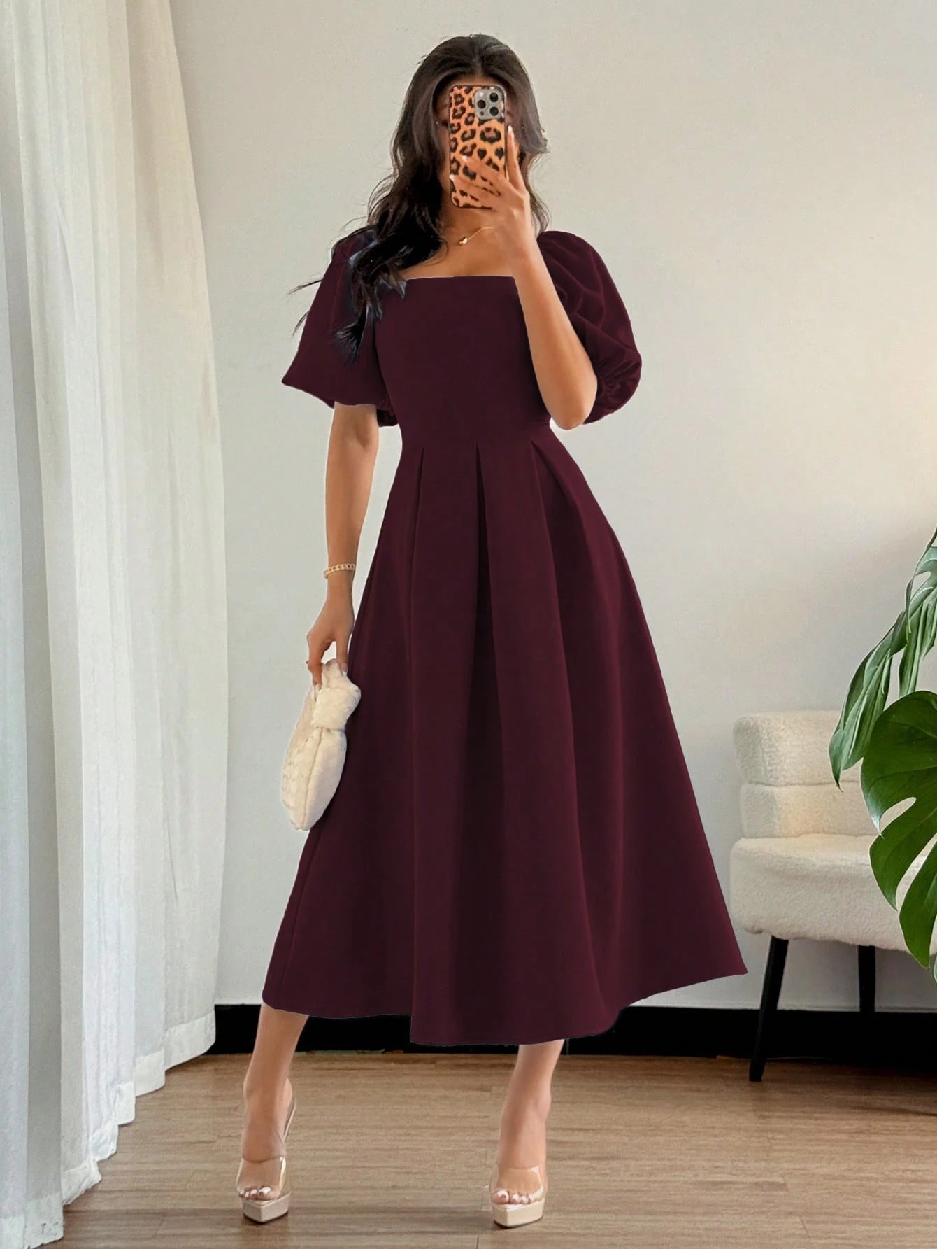 Elenzga Women's Elegant Burgundy Chic Minimalist Ruffle Hem Puff Sleeve A-Line Dress,Autumn Dining Commute Office Business Casual Holiday Party,Spring/Summer