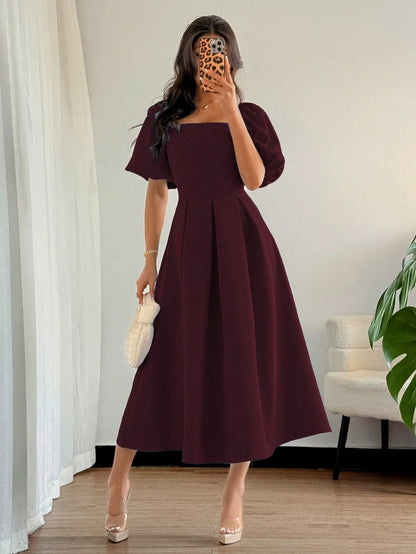 Elenzga Women's Elegant Burgundy Chic Minimalist Ruffle Hem Puff Sleeve A-Line Dress,Autumn Dining Commute Office Business Casual Holiday Party,Spring/Summer