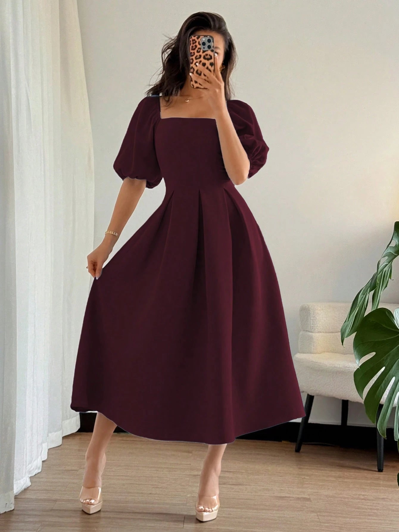 Elenzga Women's Elegant Burgundy Chic Minimalist Ruffle Hem Puff Sleeve A-Line Dress,Autumn Dining Commute Office Business Casual Holiday Party,Spring/Summer