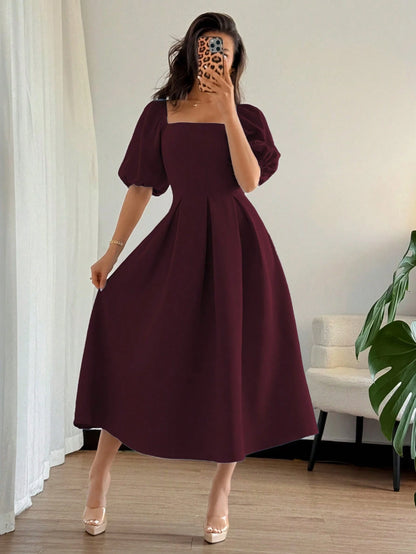 Elenzga Women's Elegant Burgundy Chic Minimalist Ruffle Hem Puff Sleeve A-Line Dress,Autumn Dining Commute Office Business Casual Holiday Party,Spring/Summer