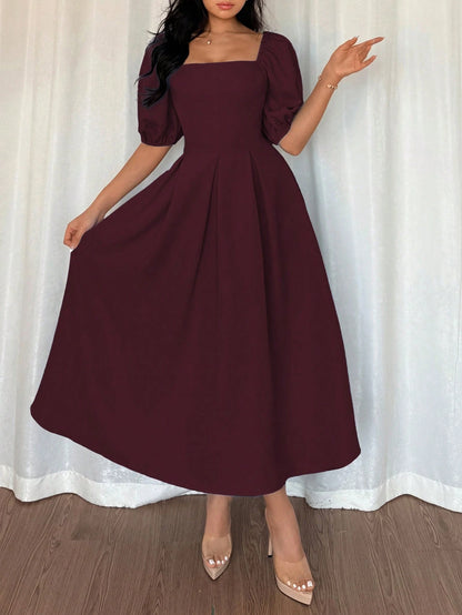 Elenzga Women's Elegant Burgundy Chic Minimalist Ruffle Hem Puff Sleeve A-Line Dress,Autumn Dining Commute Office Business Casual Holiday Party,Spring/Summer