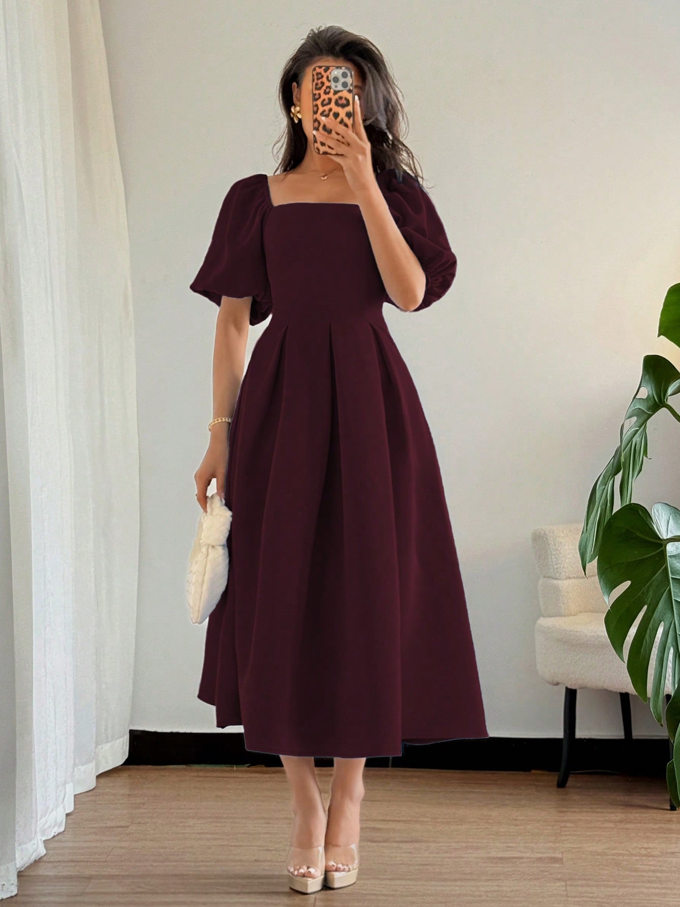 Elenzga Women's Elegant Burgundy Chic Minimalist Ruffle Hem Puff Sleeve A-Line Dress,Autumn Dining Commute Office Business Casual Holiday Party,Spring/Summer