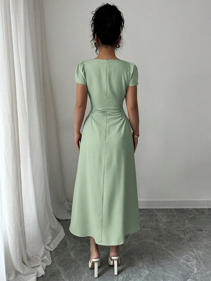 Elenzga Women's Elegant Solid Color Square Neck Waist Cinched Casual Vacation Afternoon Tea Puff Sleeve Midi Dress, Spring/Summer
