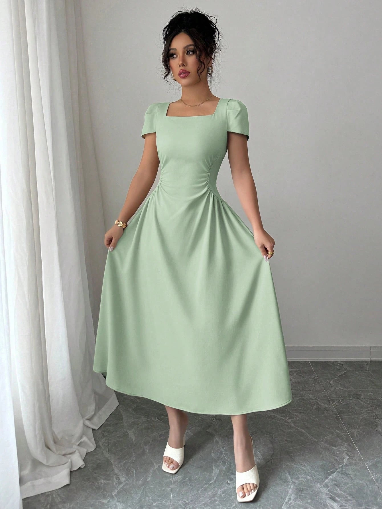 Elenzga Women's Elegant Solid Color Square Neck Waist Cinched Casual Vacation Afternoon Tea Puff Sleeve Midi Dress, Spring/Summer