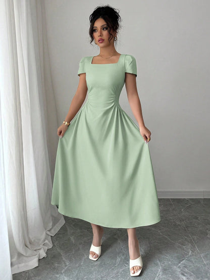 Elenzga Women's Elegant Solid Color Square Neck Waist Cinched Casual Vacation Afternoon Tea Puff Sleeve Midi Dress, Spring/Summer