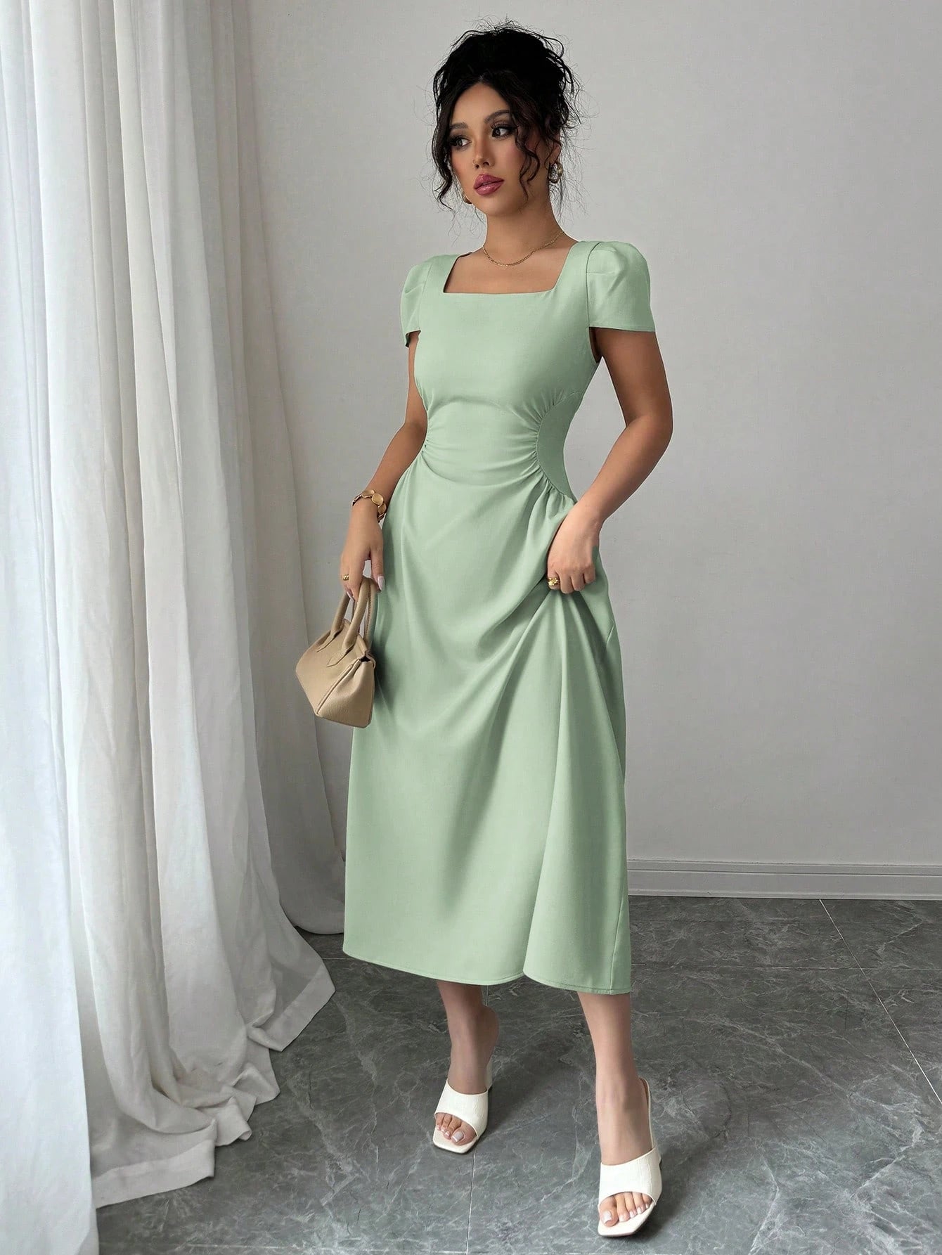 Elenzga Women's Elegant Solid Color Square Neck Waist Cinched Casual Vacation Afternoon Tea Puff Sleeve Midi Dress, Spring/Summer