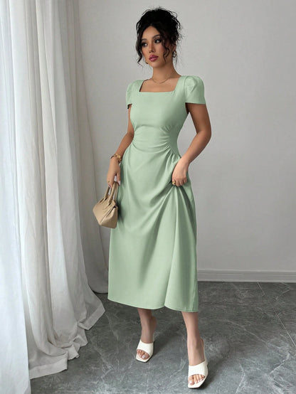 Elenzga Women's Elegant Solid Color Square Neck Waist Cinched Casual Vacation Afternoon Tea Puff Sleeve Midi Dress, Spring/Summer