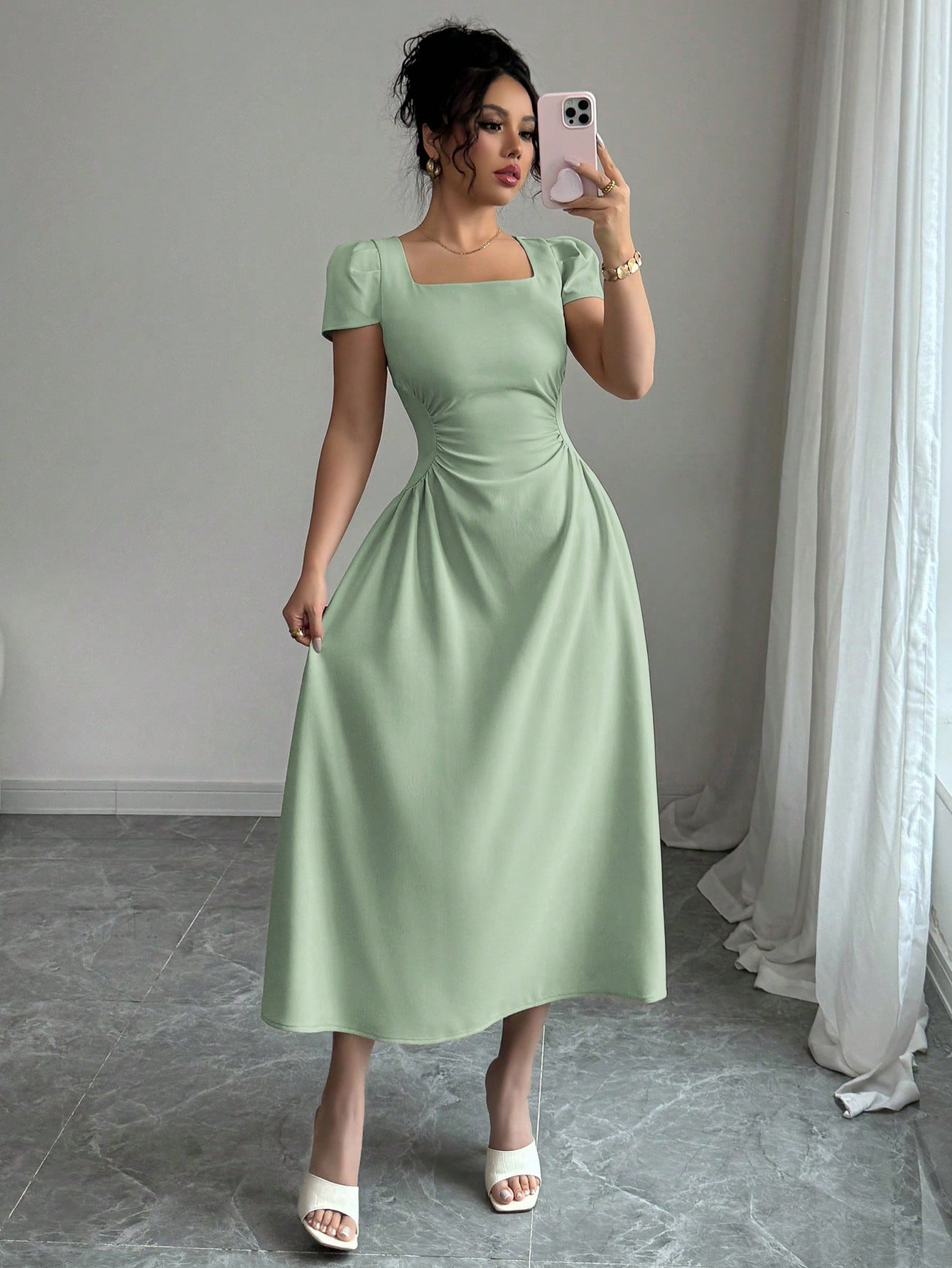 Elenzga Women's Elegant Solid Color Square Neck Waist Cinched Casual Vacation Afternoon Tea Puff Sleeve Midi Dress, Spring/Summer