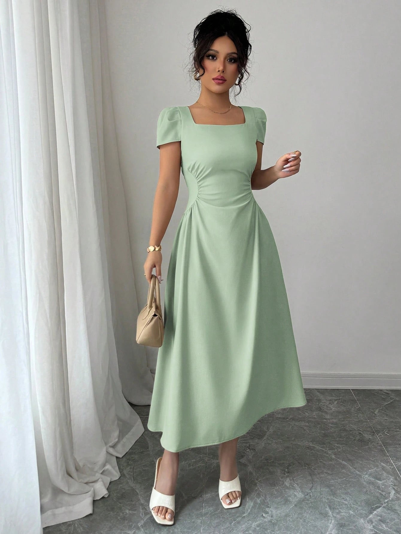 Elenzga Women's Elegant Solid Color Square Neck Waist Cinched Casual Vacation Afternoon Tea Puff Sleeve Midi Dress, Spring/Summer