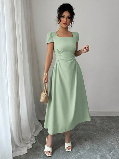 Elenzga Women's Elegant Solid Color Square Neck Waist Cinched Casual Vacation Afternoon Tea Puff Sleeve Midi Dress, Spring/Summer