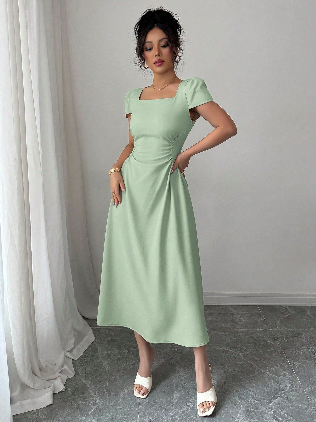 Elenzga Women's Elegant Solid Color Square Neck Waist Cinched Casual Vacation Afternoon Tea Puff Sleeve Midi Dress, Spring/Summer
