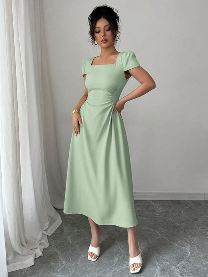 Elenzga Women's Elegant Solid Color Square Neck Waist Cinched Casual Vacation Afternoon Tea Puff Sleeve Midi Dress, Spring/Summer