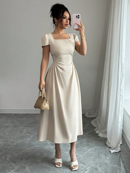 Elenzga Women's Elegant Solid Color Square Neck Waist Cinched Casual Vacation Afternoon Tea Puff Sleeve Midi Dress, Spring/Summer