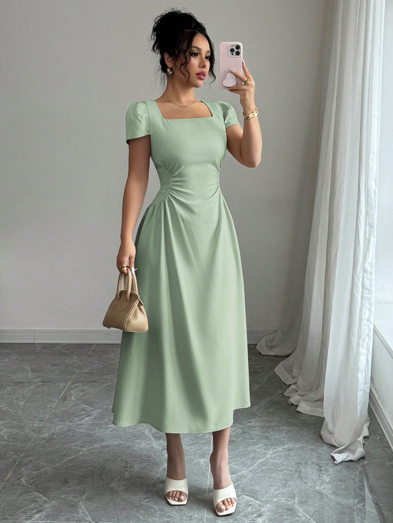 Elenzga Women's Elegant Solid Color Square Neck Waist Cinched Casual Vacation Afternoon Tea Puff Sleeve Midi Dress, Spring/Summer