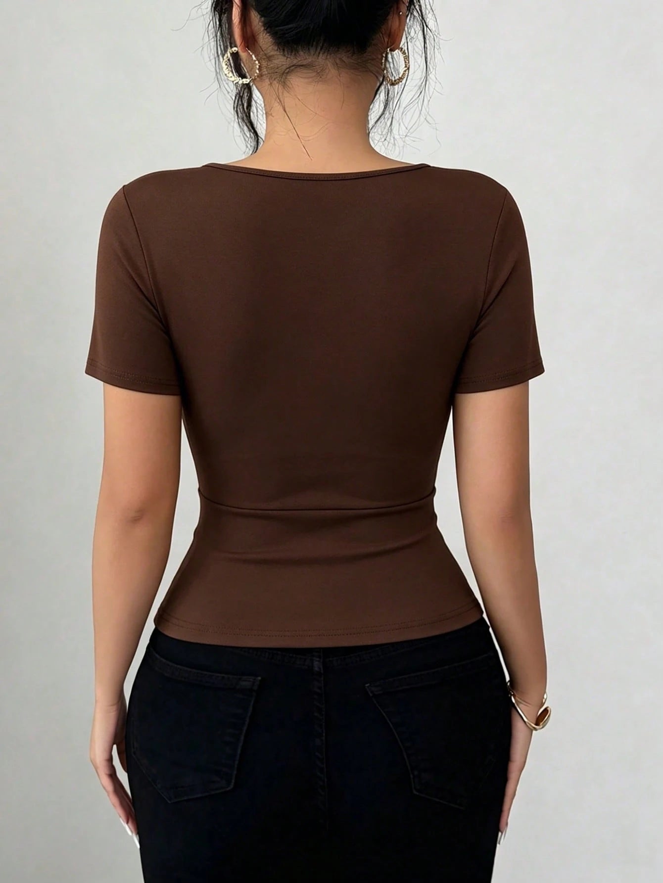 Elenzga Women's Fashion New Sexy Deep Draped Neck Hollow Design Cowl Neck Short Sleeve Casual Date T-Shirt