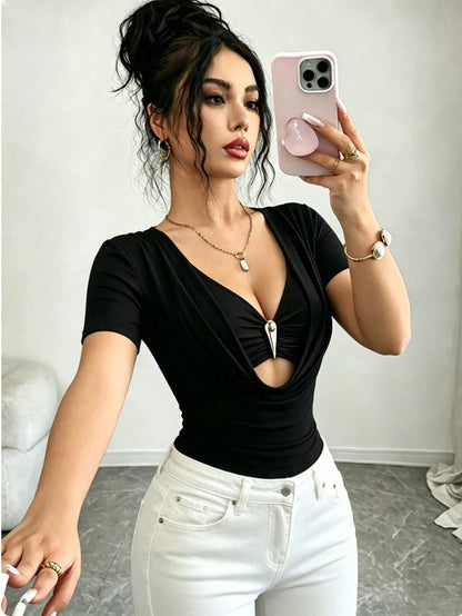 Elenzga Women's Fashion New Sexy Deep Draped Neck Hollow Design Cowl Neck Short Sleeve Casual Date T-Shirt