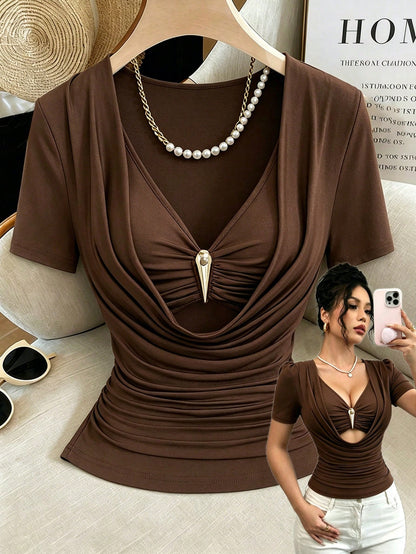 Elenzga Women's Fashion New Sexy Deep Draped Neck Hollow Design Cowl Neck Short Sleeve Casual Date T-Shirt