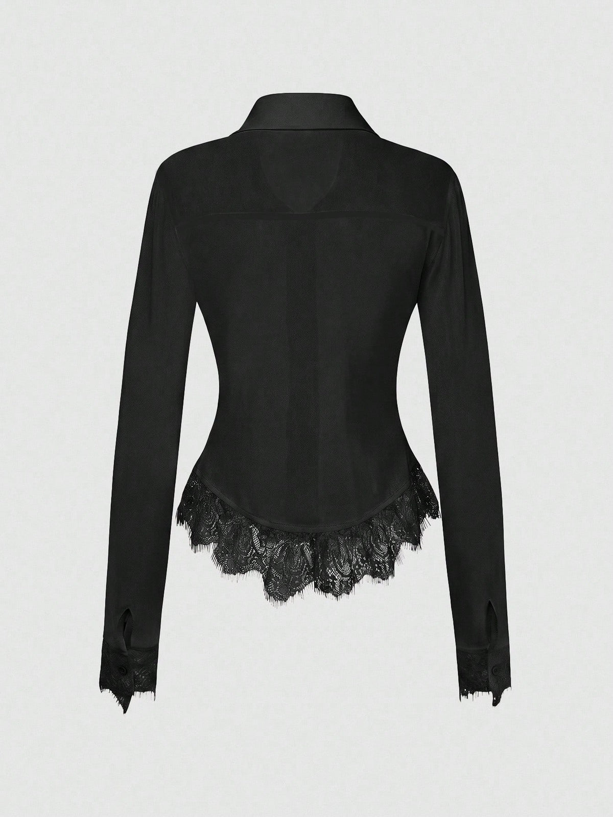 Elenzga Women's Fashionable Elegant Sexy Single-Breasted Lace Patchwork Asymmetrical Hem Sheer Blouse Night Out Black Summer
